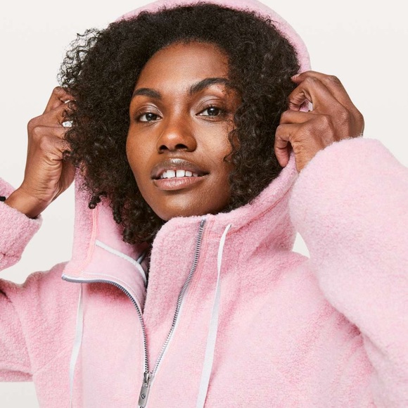 lululemon so sherpa hooded fleece jacket in heathered pink haze, size 4 - Picture 4 of 14